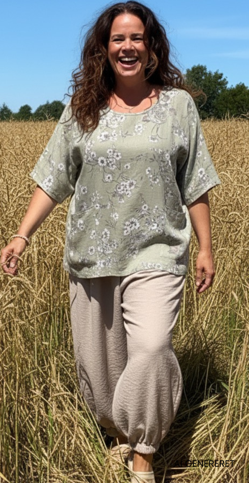 My bluse med blomsterprint og lommer fortil khaki LikeLondon