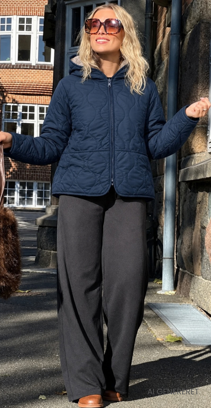 Amara kort vendbar jakke i quiltet og teddylook navy LikeLondon