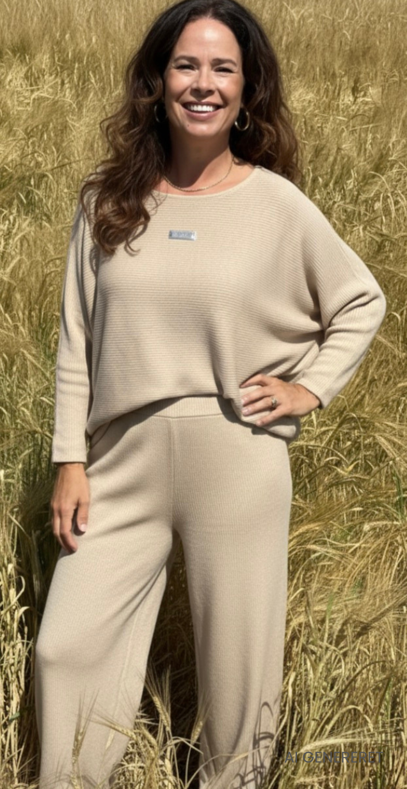Tessie sæt med struktur og logo fortil bluse og bukser beige LikeLondon