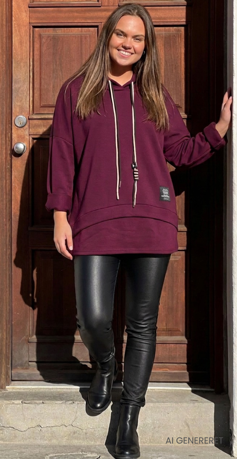 Kvinde i bordeaux Erna sweatshirt med hætte og sorte læderbukser set forfra.