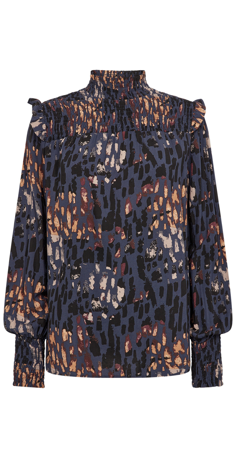 Iris bluse med smock og print navy