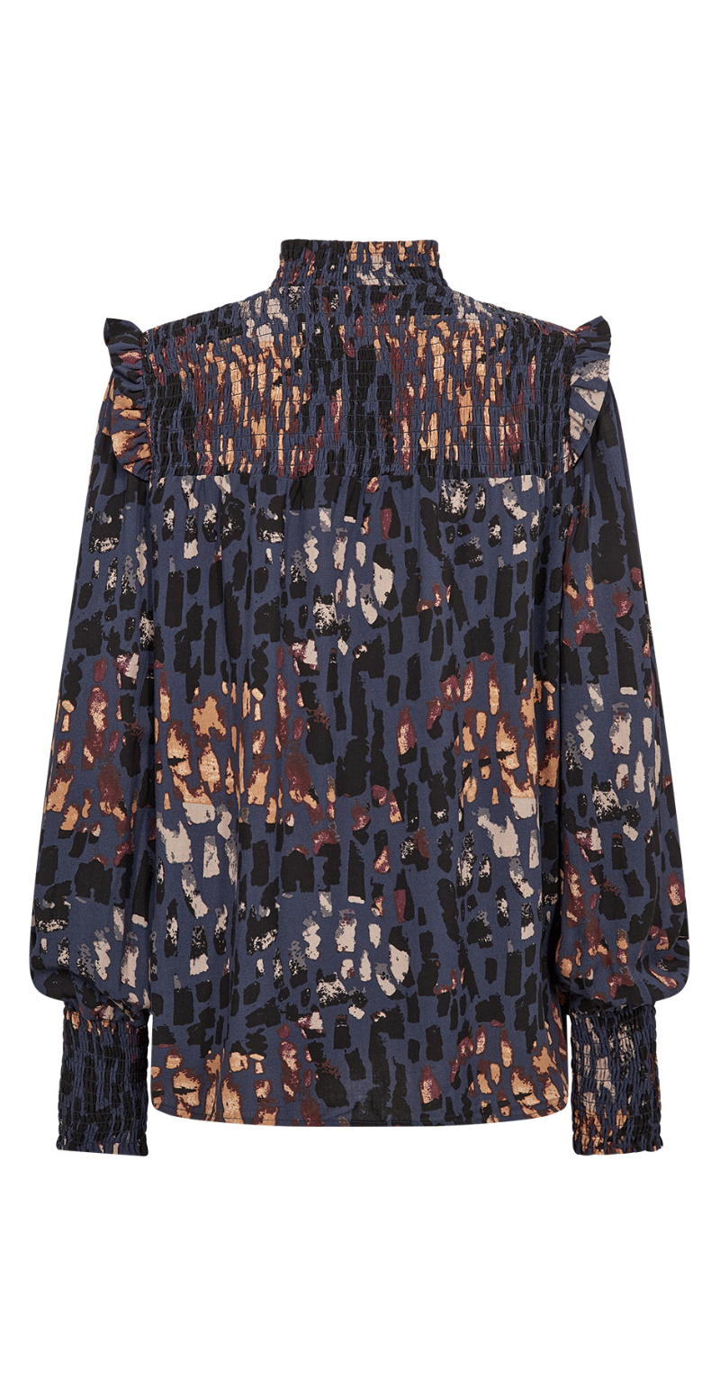 Iris bluse med smock og print navy