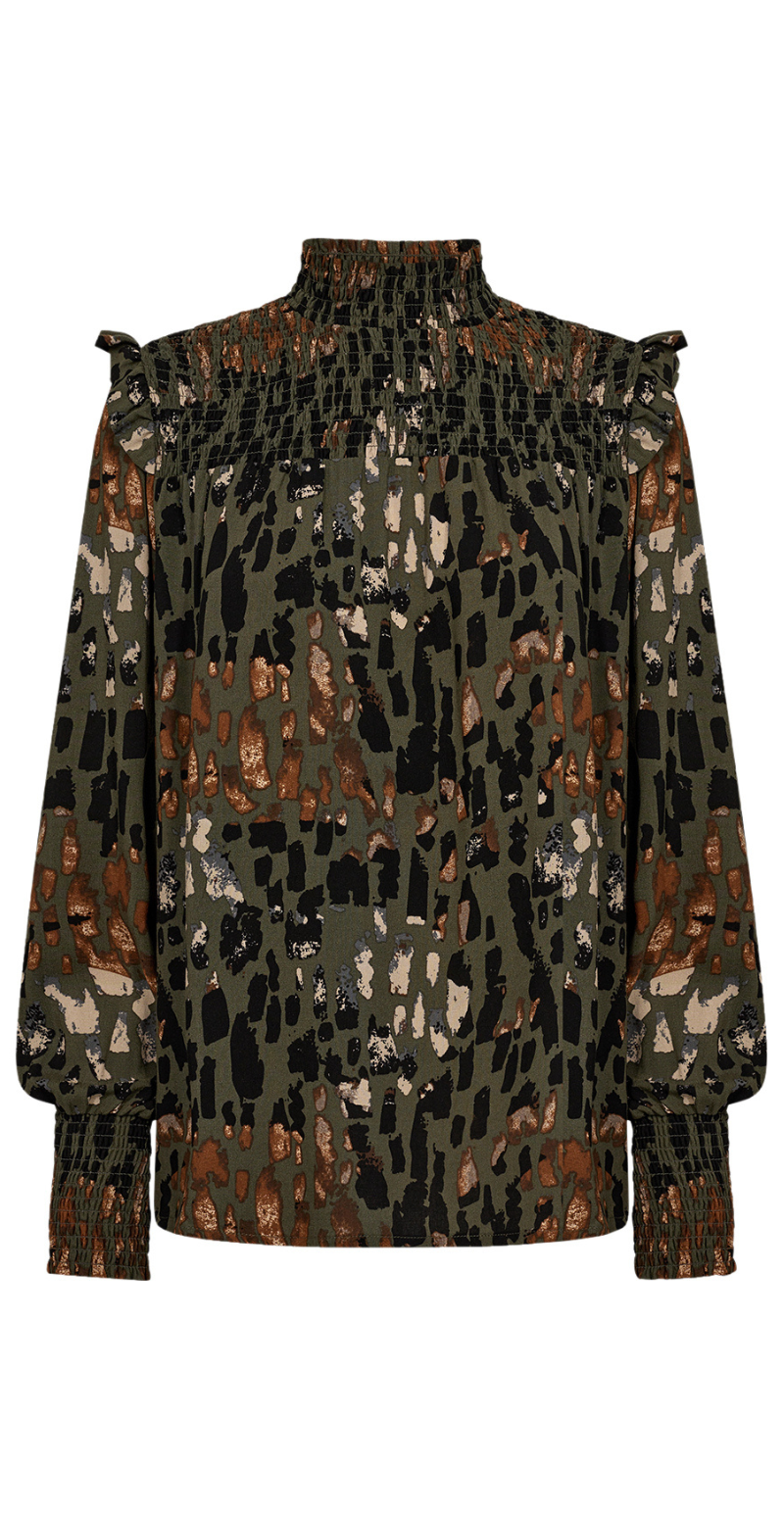 Iris bluse med smock og print khaki