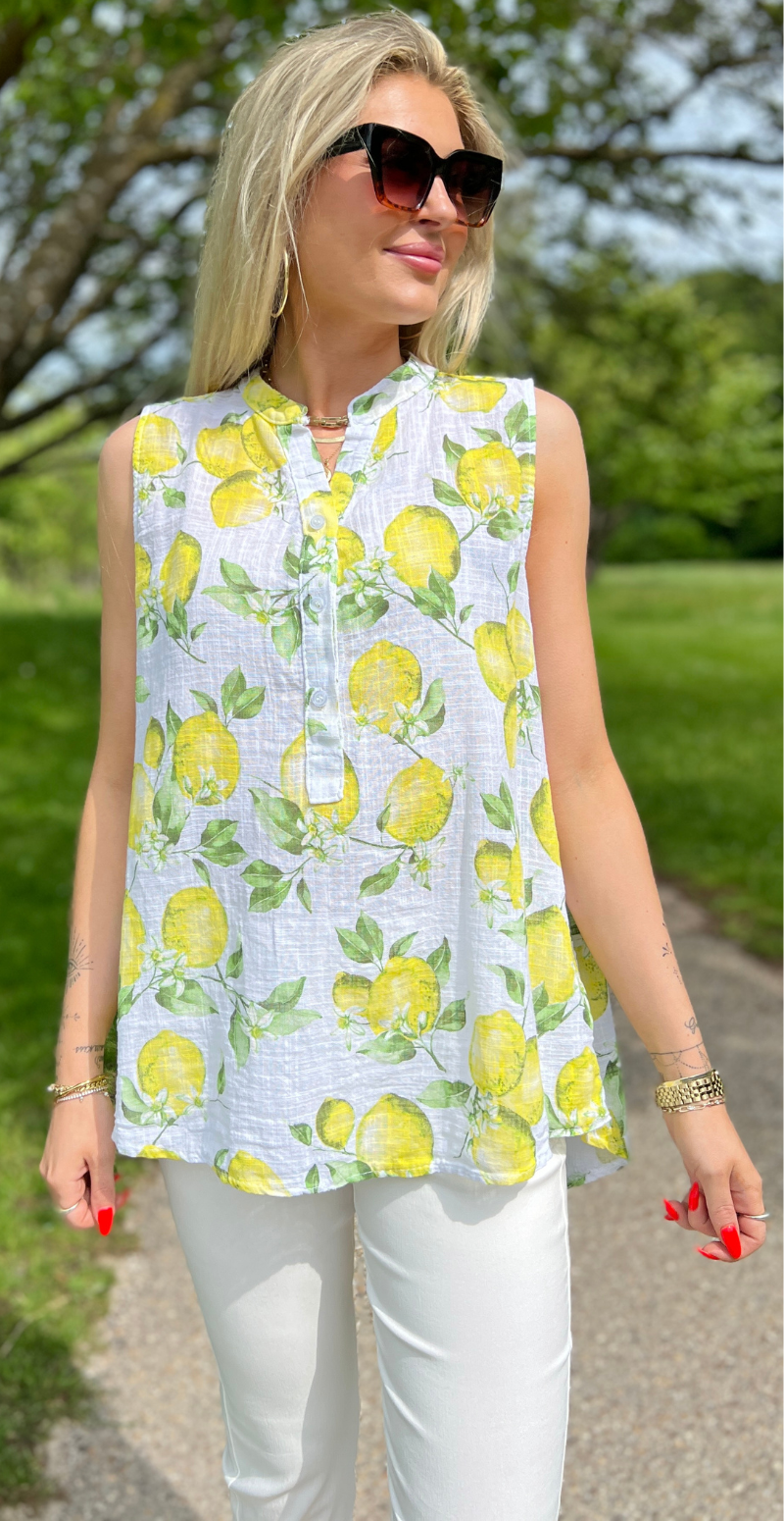 likelondon skjortebluse uden ærmer med citron print 
