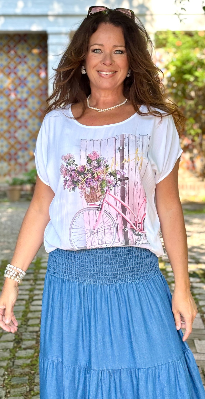 likelondon t-shirt med cykel motiv foran pink
