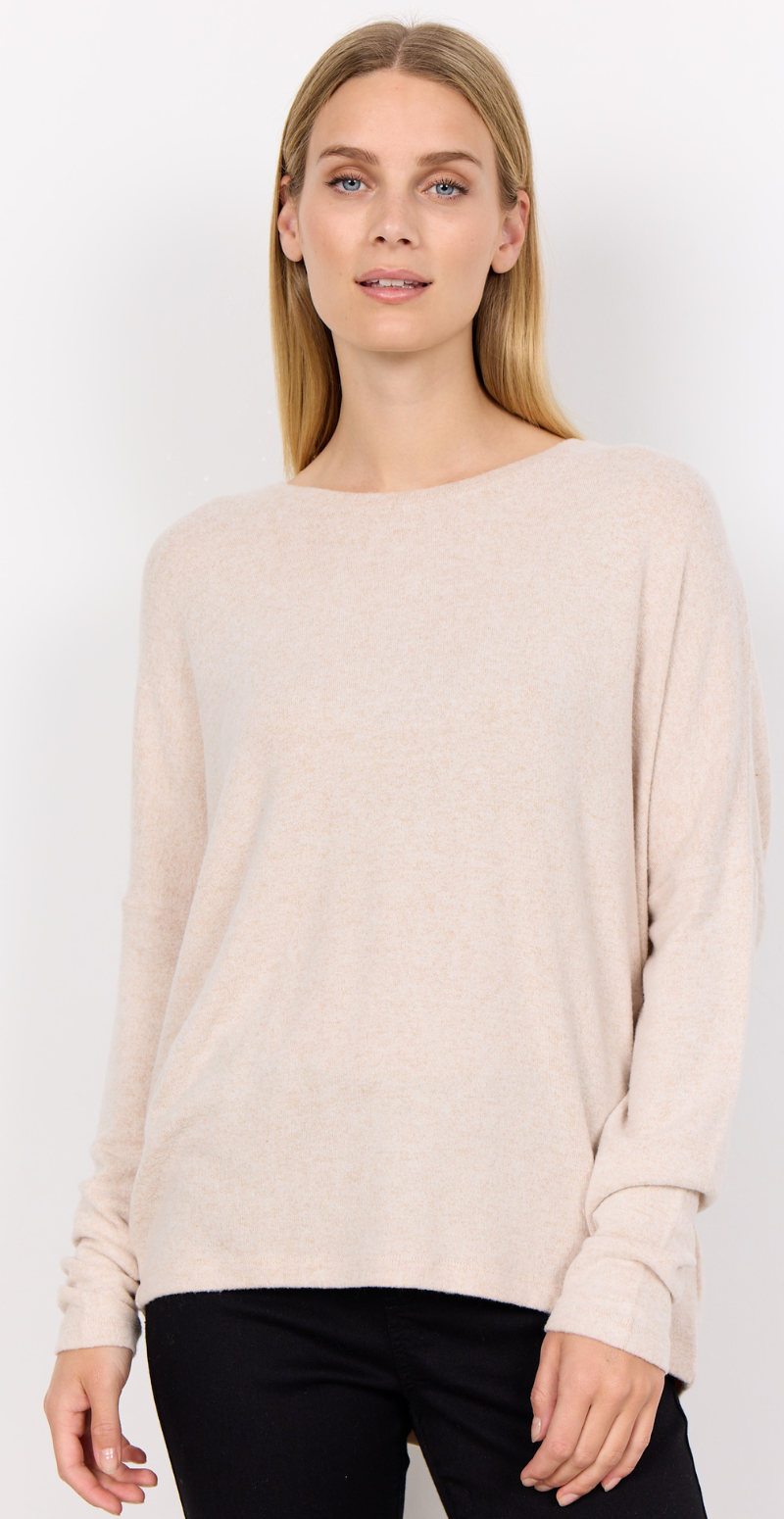 Olivia strikbluse med rund hals creme