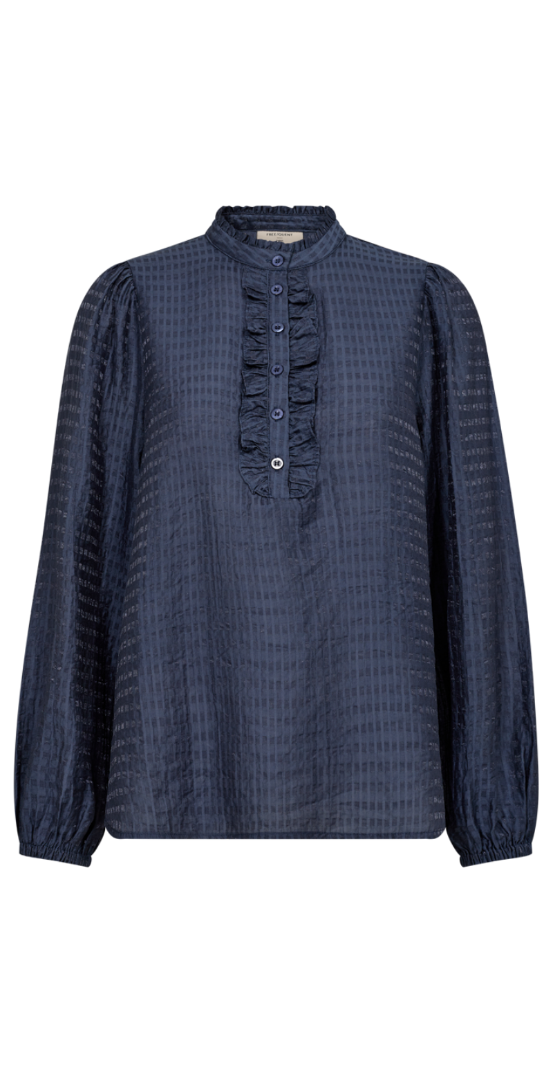 Appy bluse med knapstolpe og flæser vintage indigo