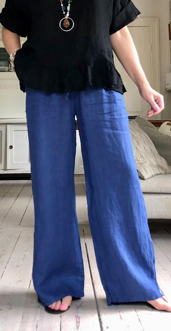 Lilli hørbukser med lommer og elastik i taljen blå Likelondon