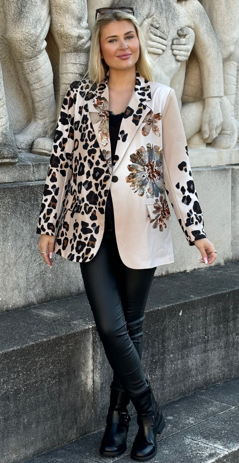 Blazer med leopardprint og pailletblomster helfigur