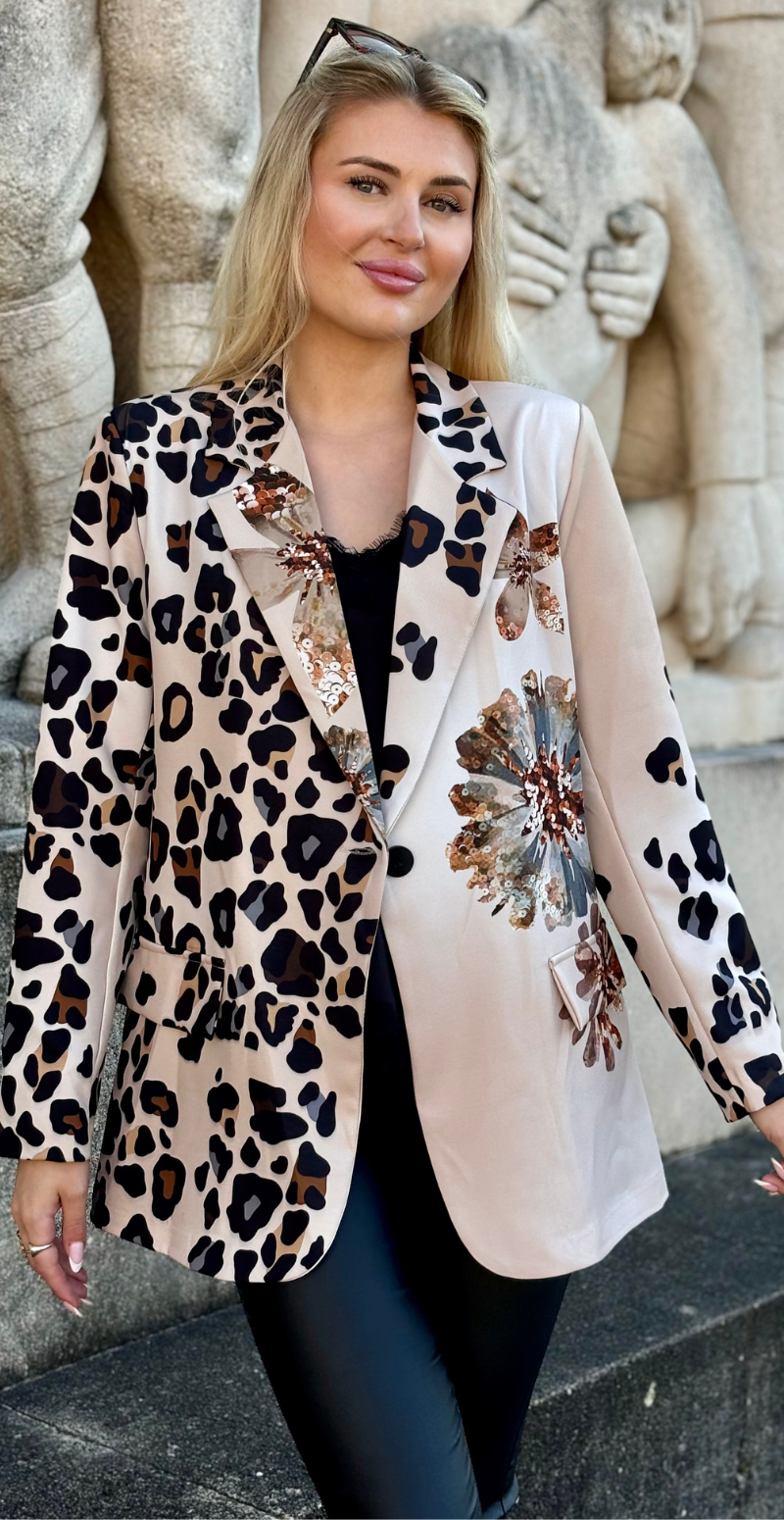 Blazer med leopardprint og pailletblomster