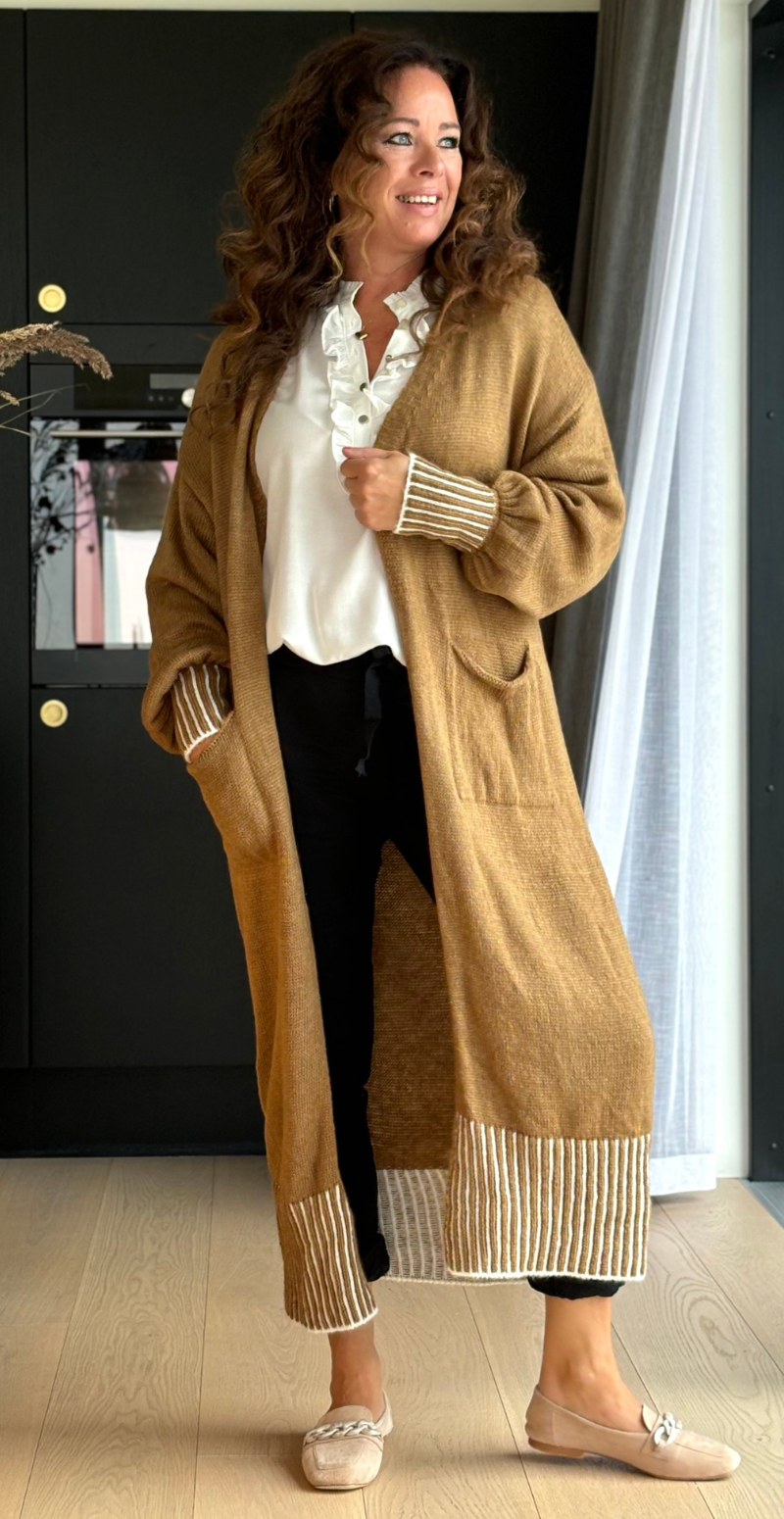 Bianca lang mohair strik med stribet ribkant camel LikeLondon