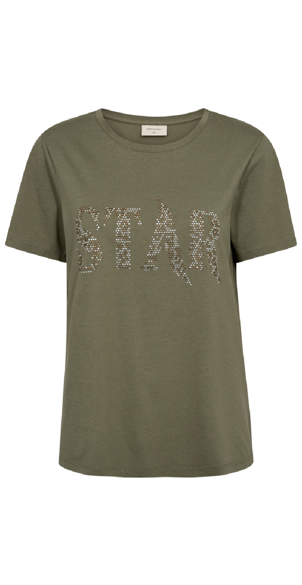 T-shirt med sten på brystet med teksten "Star" deep lichen green
