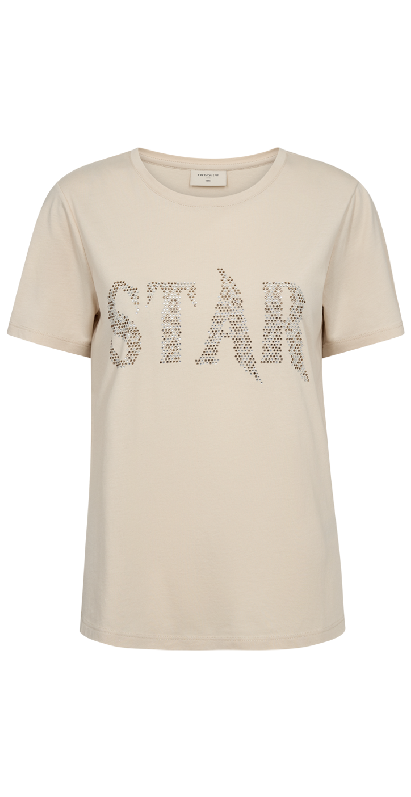 T-shirt med sten på brystet med teksten "Star" creme