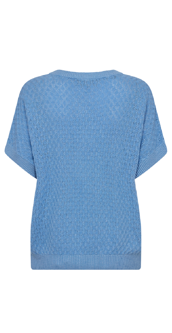 let strikket pullover med hulmønster blå  bagfra