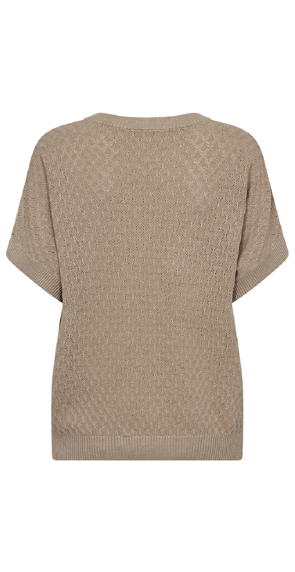 Let strikket pullover med hulmønster sand bagfra