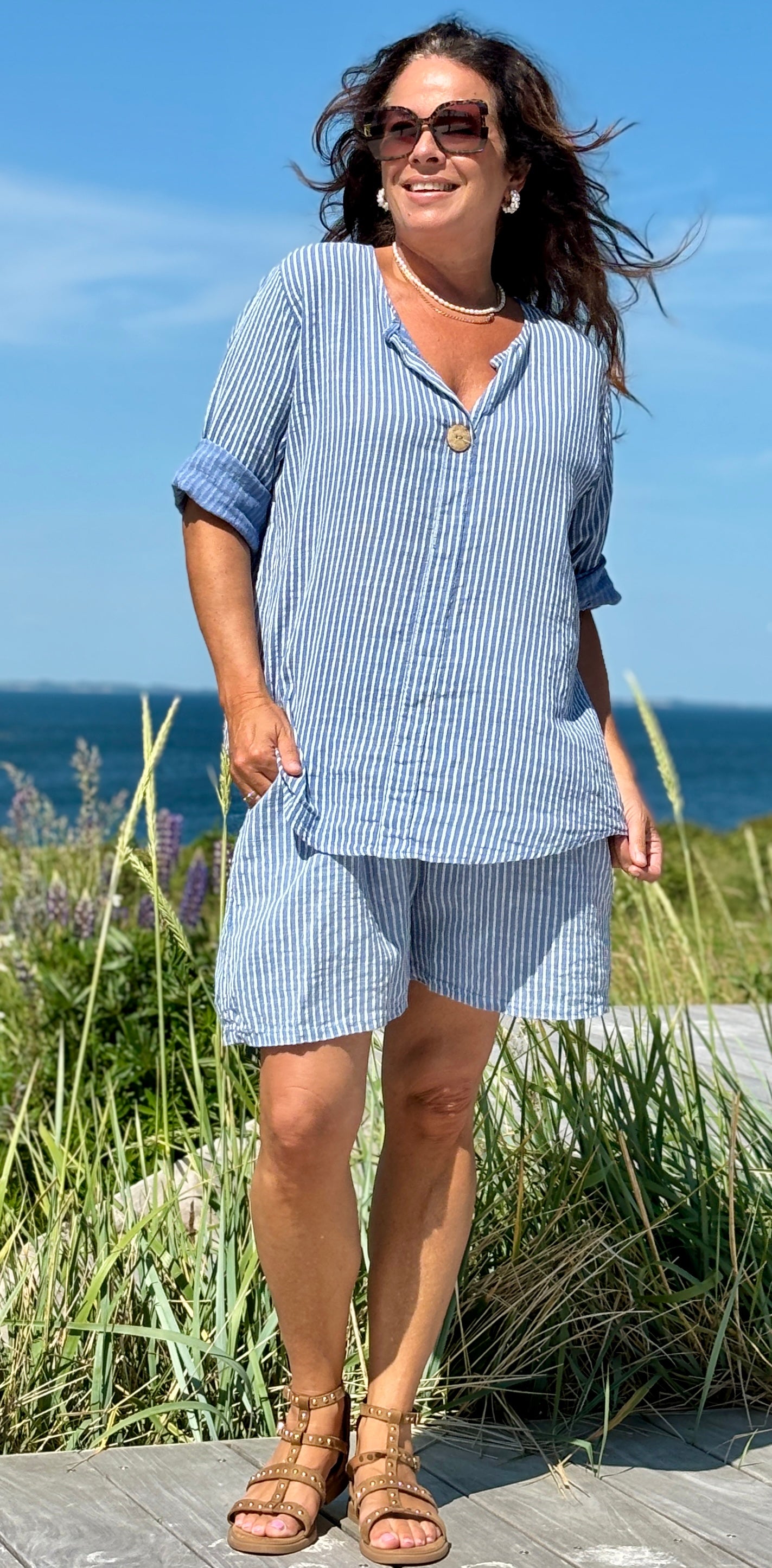 Vibe bluse med striber og træknap denim LikeLondon