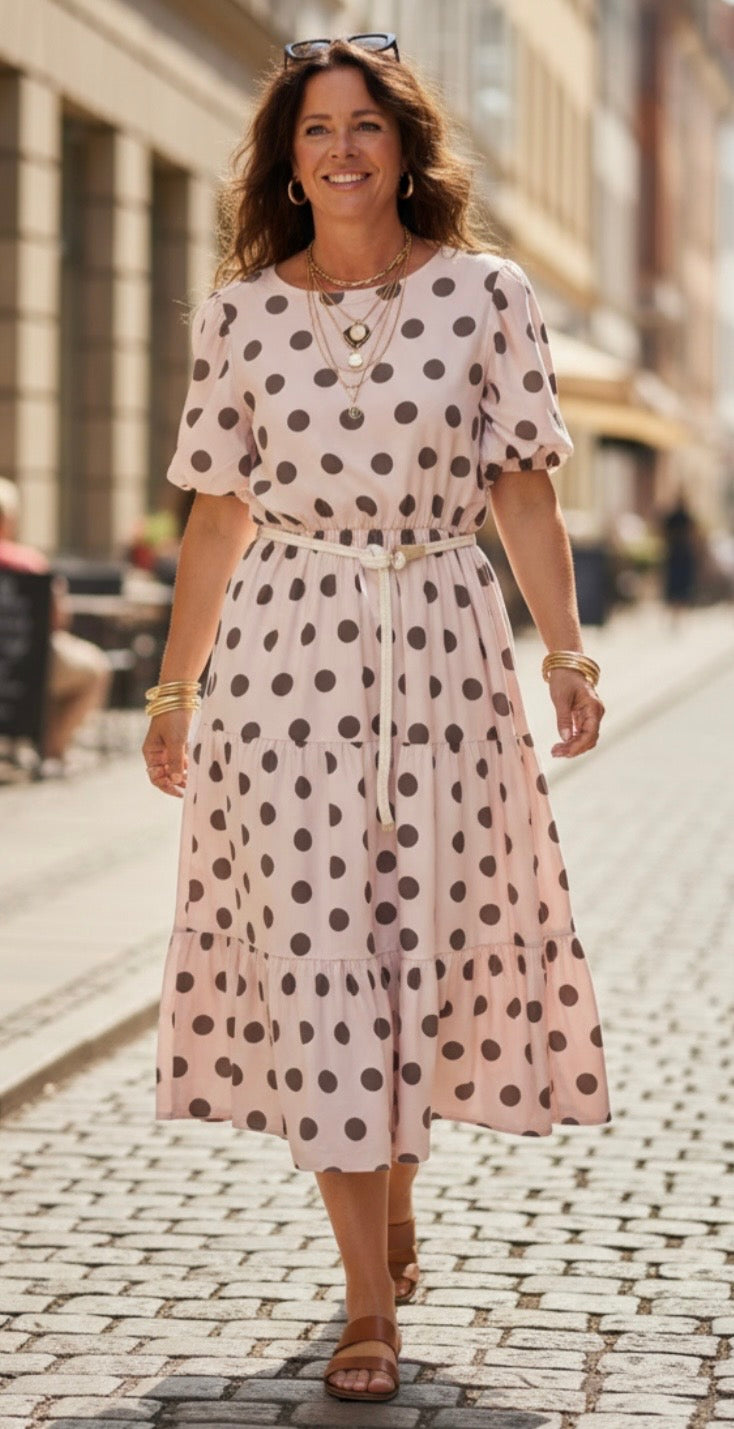 Elly kjole med dots og peplum rosa LikeLondon