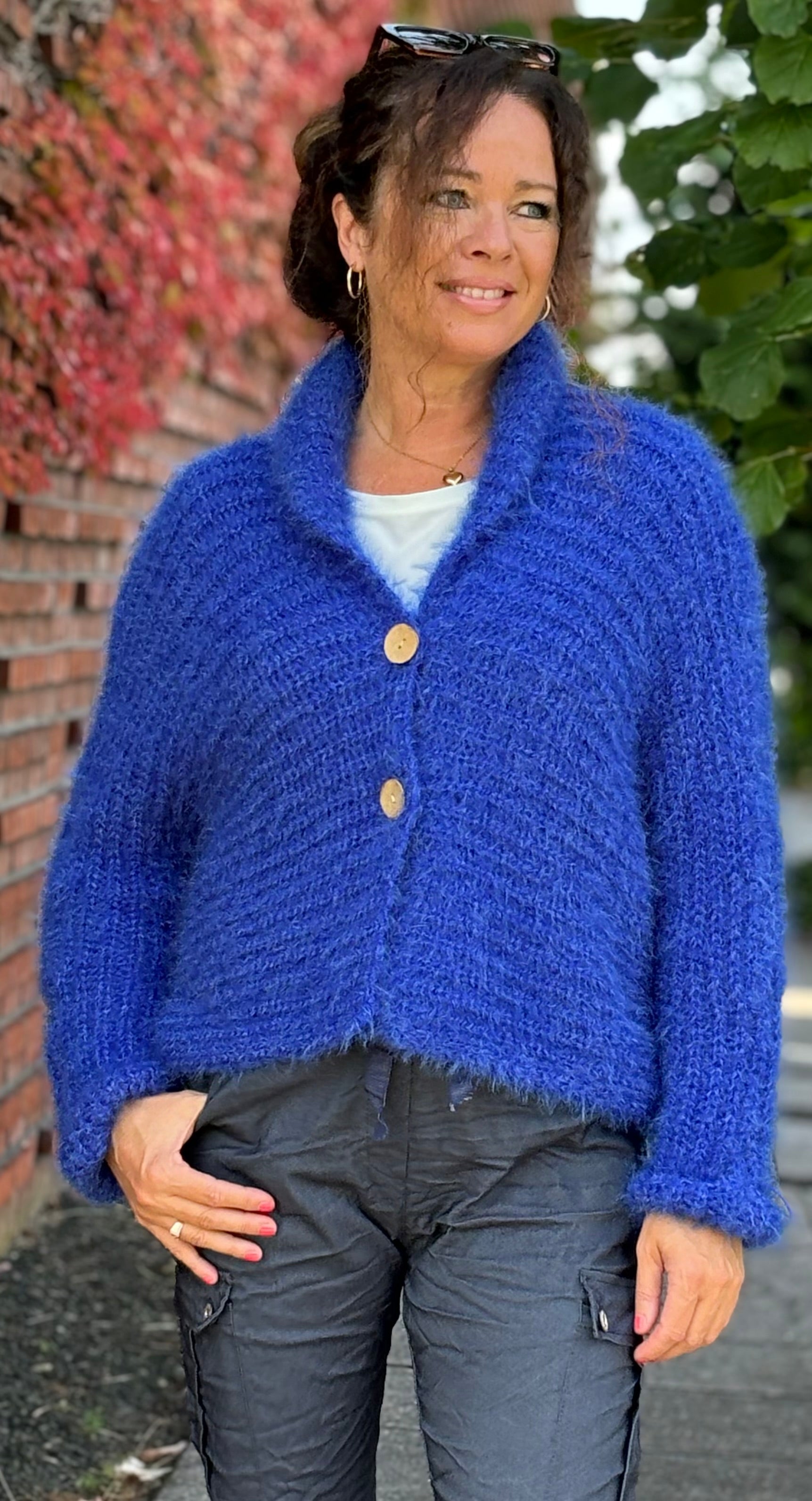 Signe strik cardigan med træknapper royalblue Likelondon