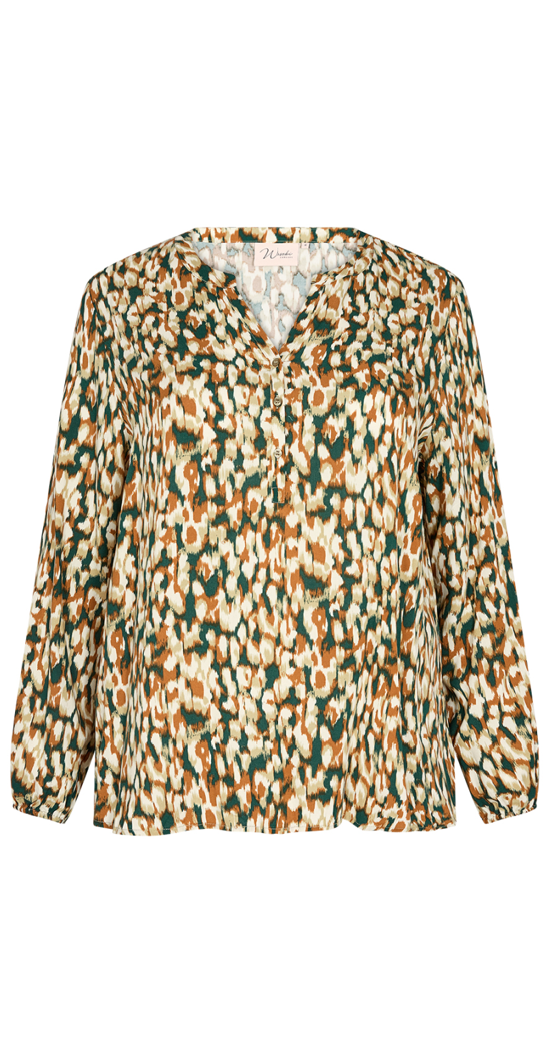 Bluse med split hals og print shady green