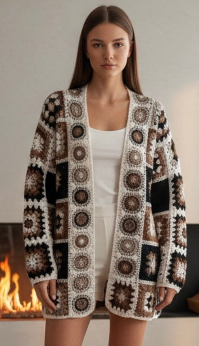 Ludmilla mellemlang cardigan med hæklet mønster sort LikeLondon