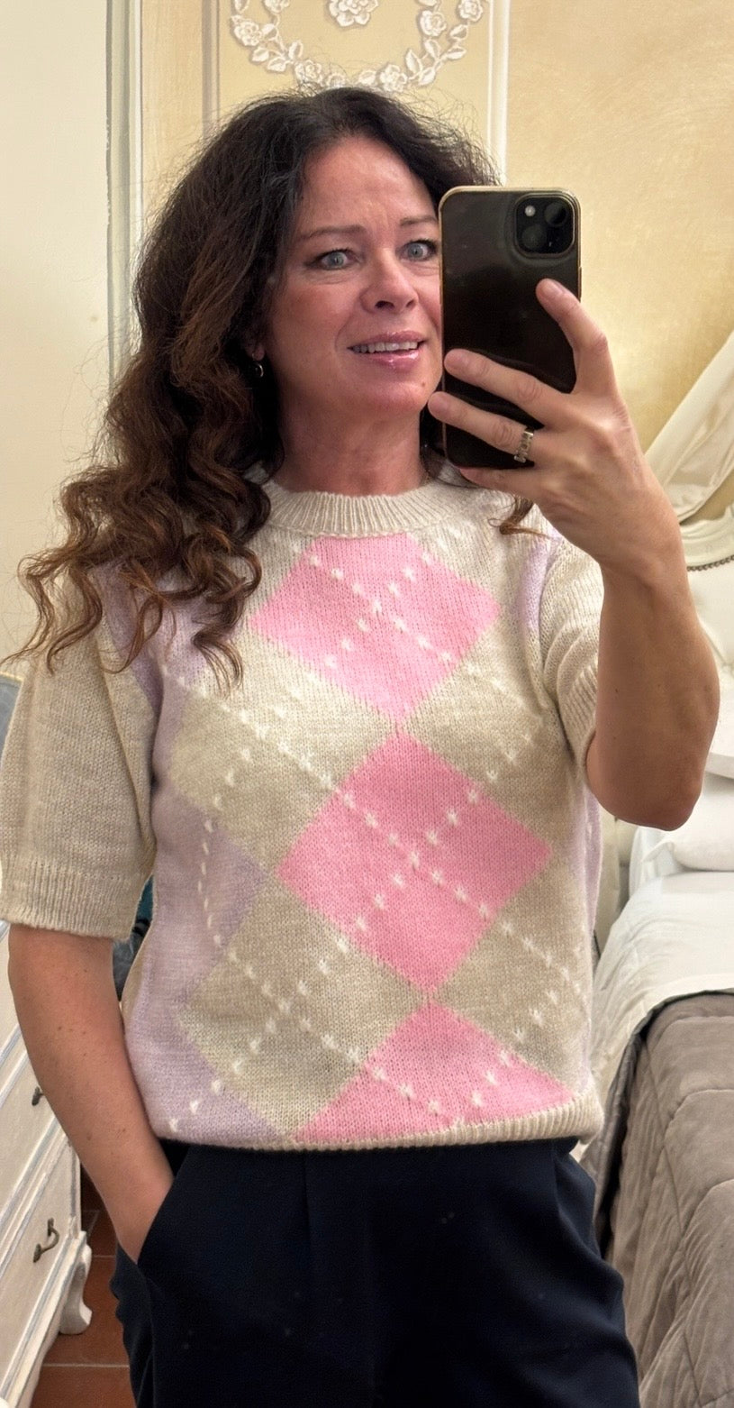 Uma kortærmet strik med harlekin mønster lilla/beige LikeLondon