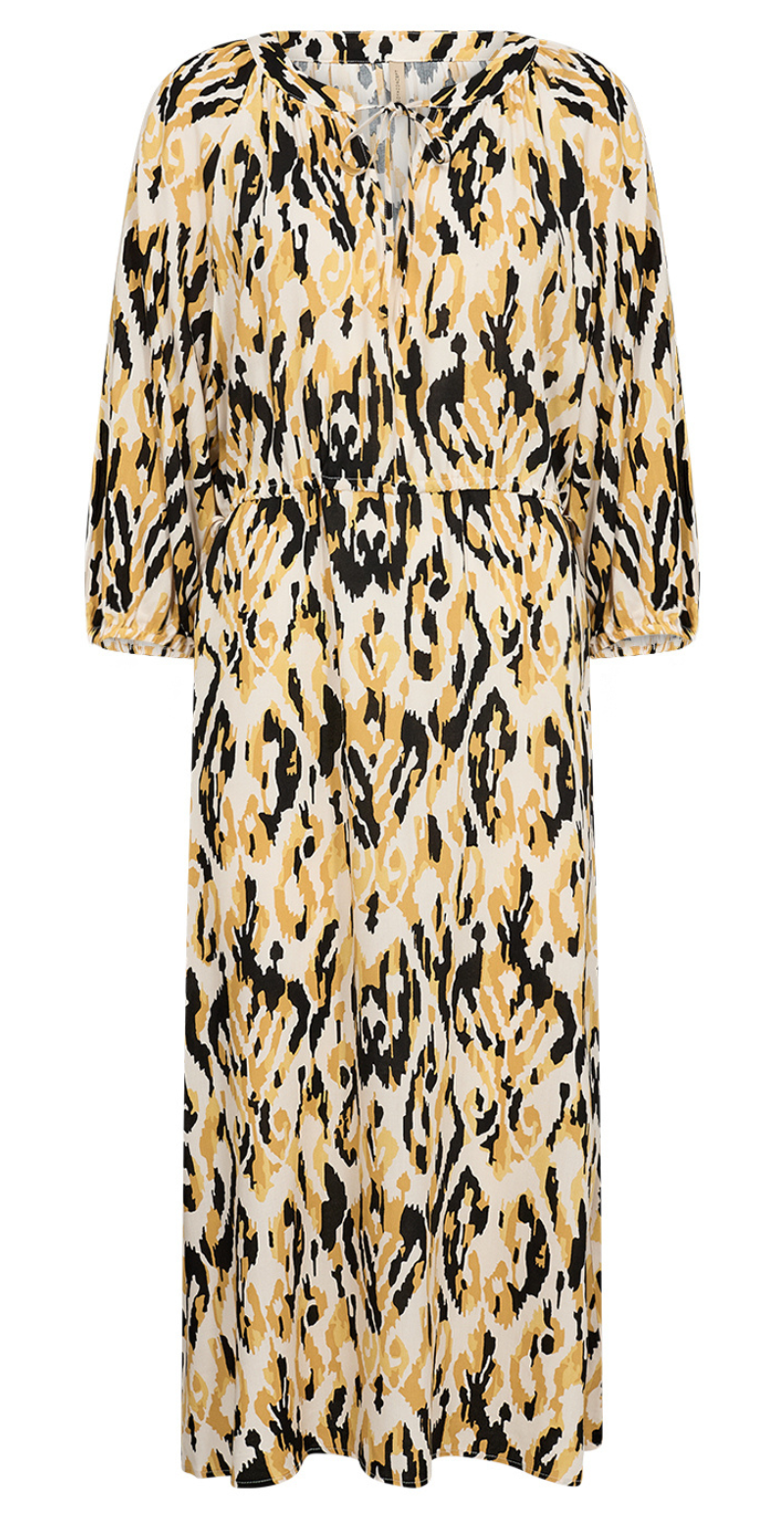 Fanny kjole med elastik i taljen bindekrave og dyreinspireret print 100% ECOVERO-viskose gul