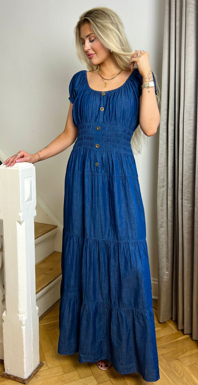 Amber lang kjole i denim med smock detaljer 