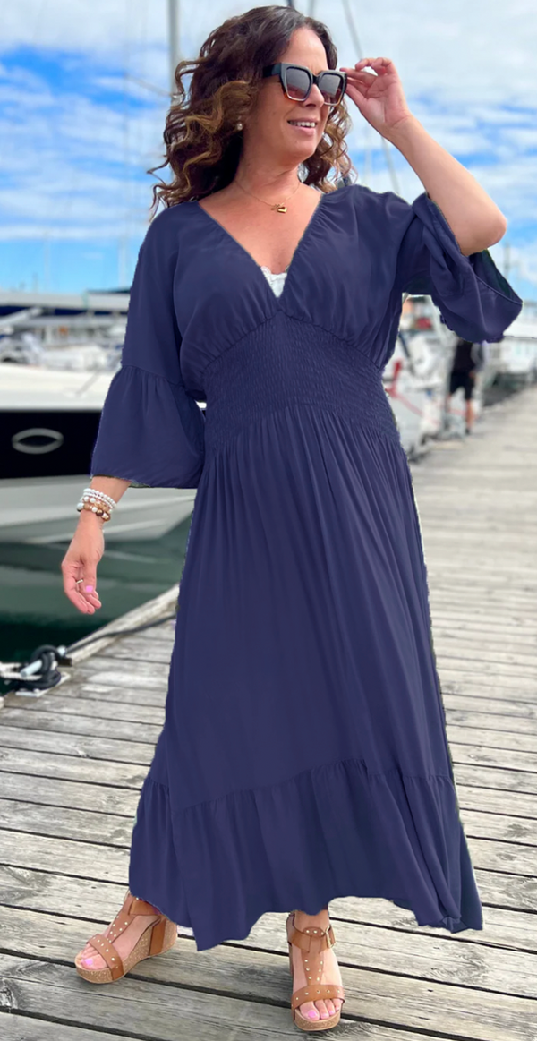 Kimberly kjole med smock og v-hals navy