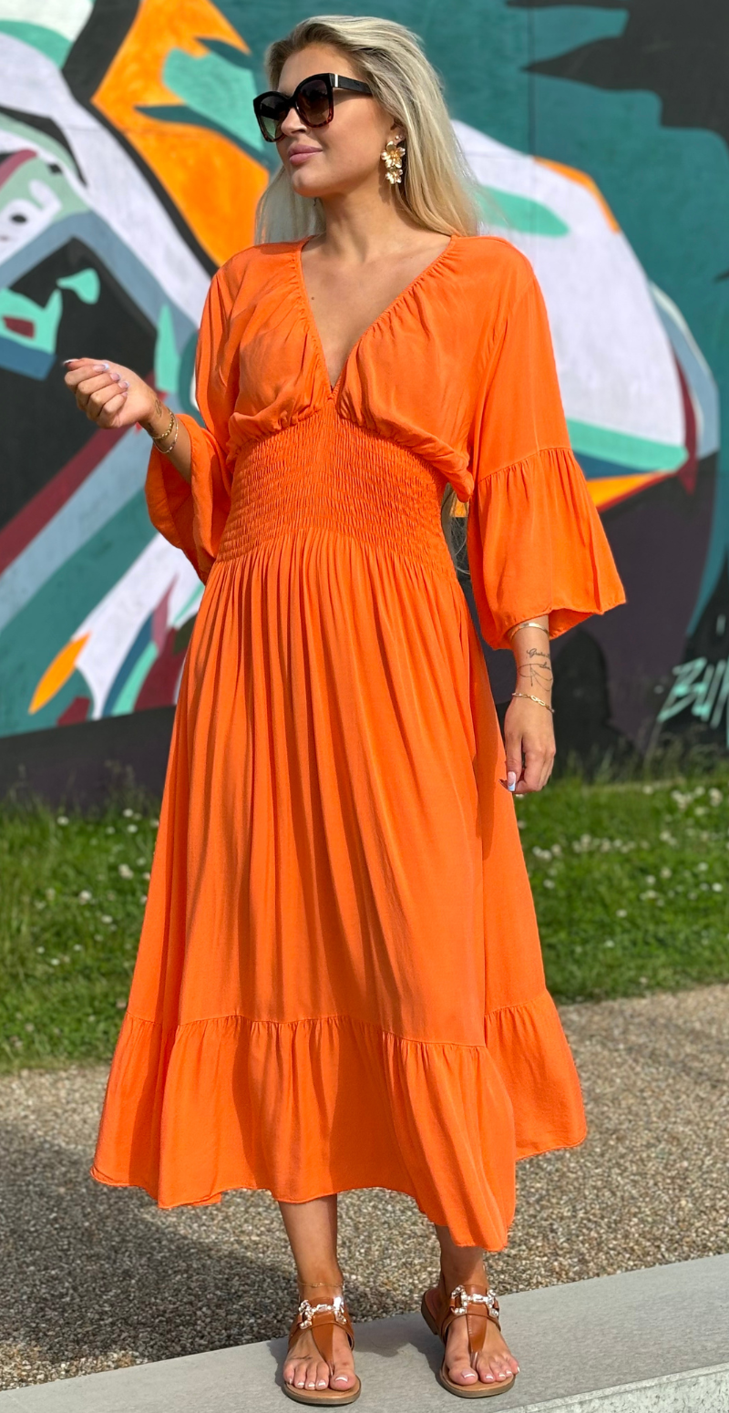 Kimberly kjole med smock under brystet og v-hals orange