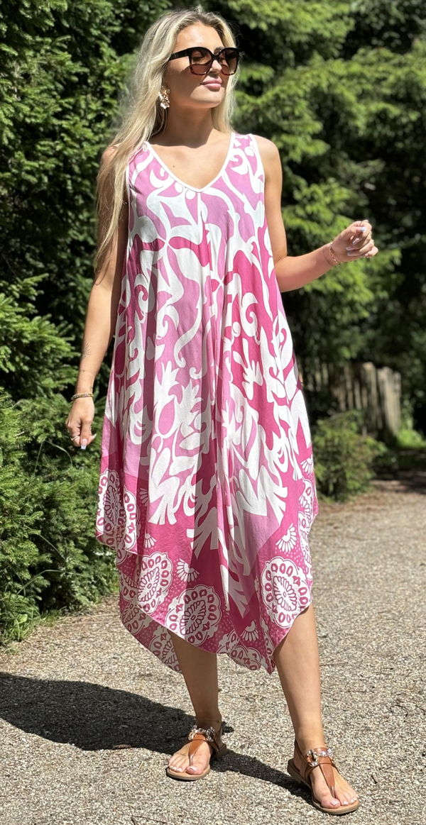 Pink Yasmin kjole med mønster i flere længder