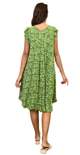 Kort Eliza kjole med blomsterprint og flæseærmer guacamole bagfra