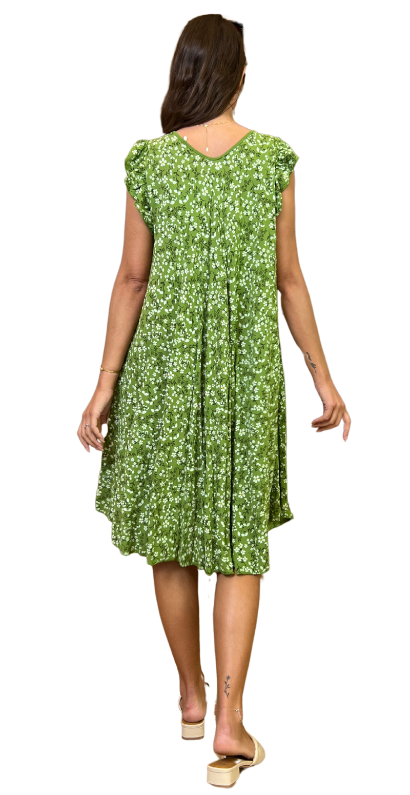 Kort Eliza kjole med blomsterprint og flæseærmer guacamole bagfra