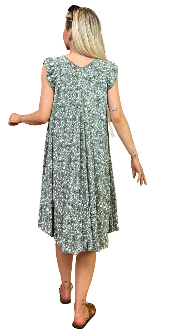Kort Eliza kjole med blomsterprint og flæseærmer khaki bagfra