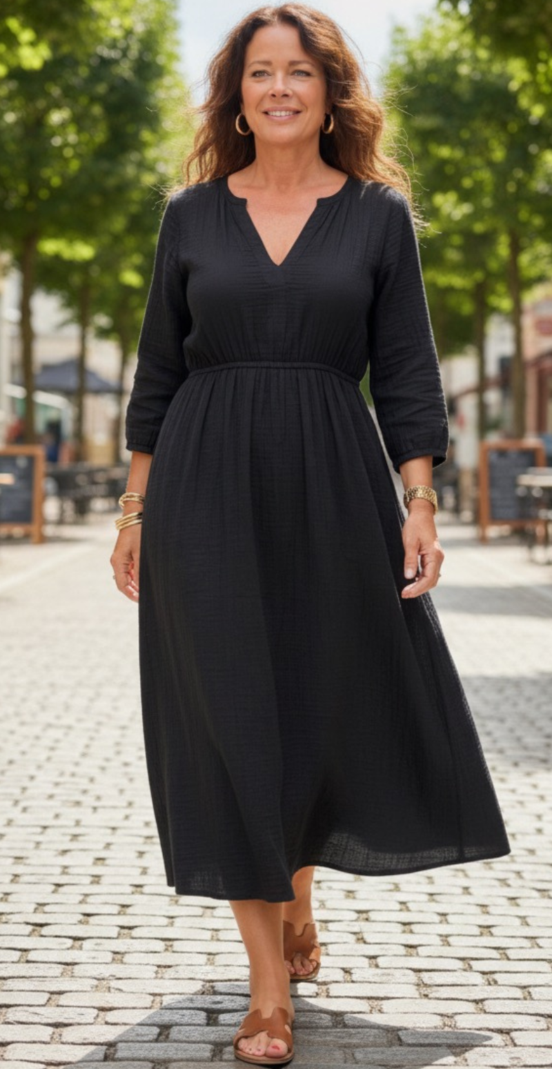 Vilja lang kjole i musselin og elastik i taljen sort LikeLondon