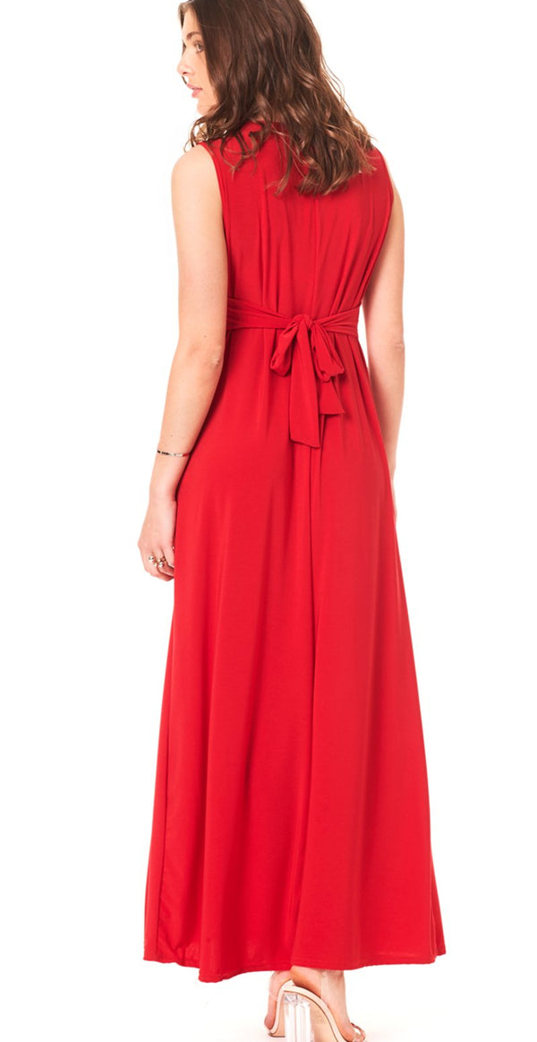 Lang kjole med bindedetalje rød