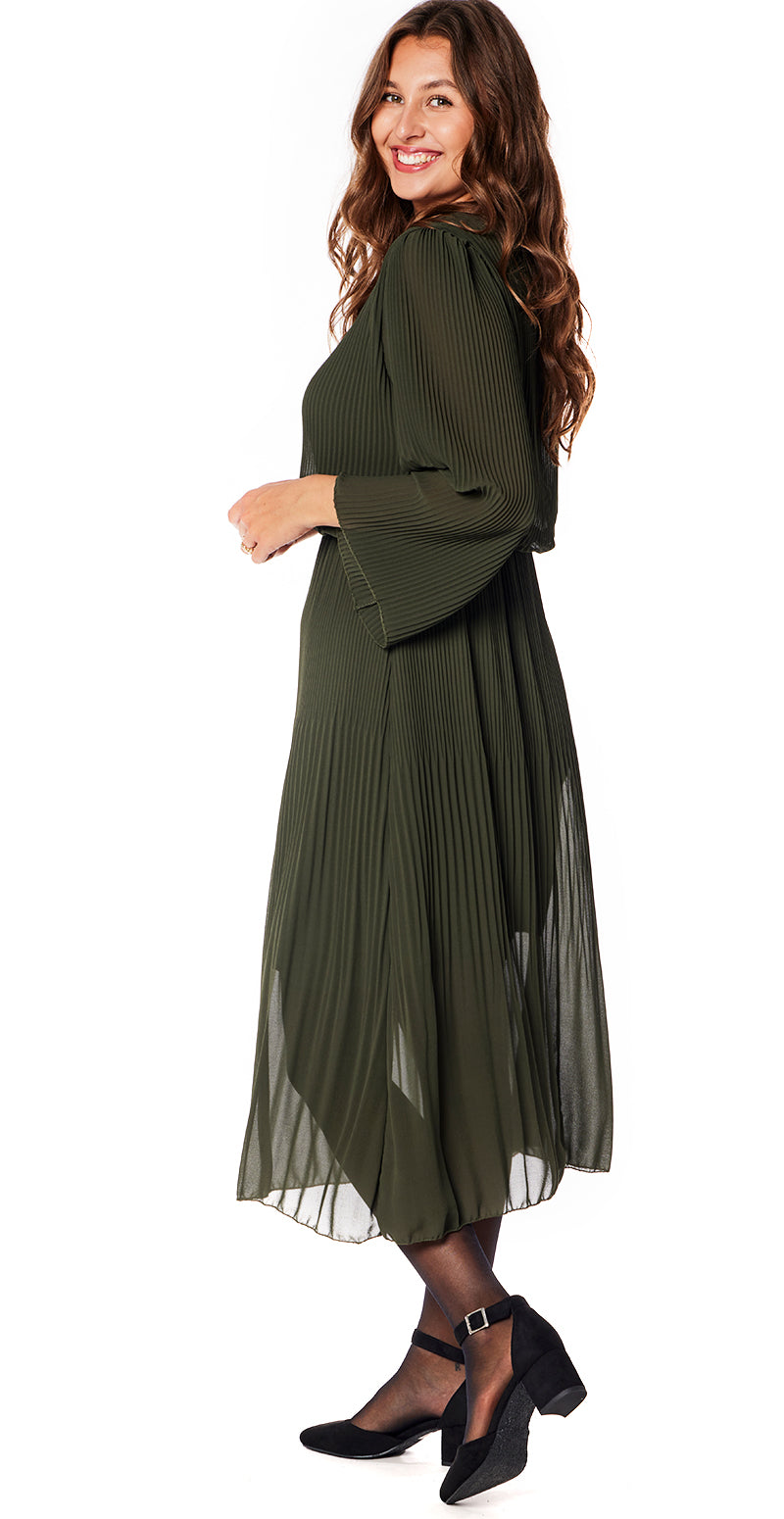 Plisseret kjole elastik i taljen khaki Likelondon – LikeLondon.com