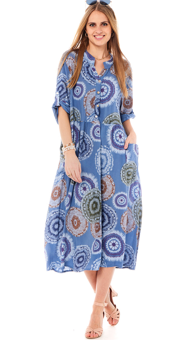 Ester kjole med mønster blå Likelondon
