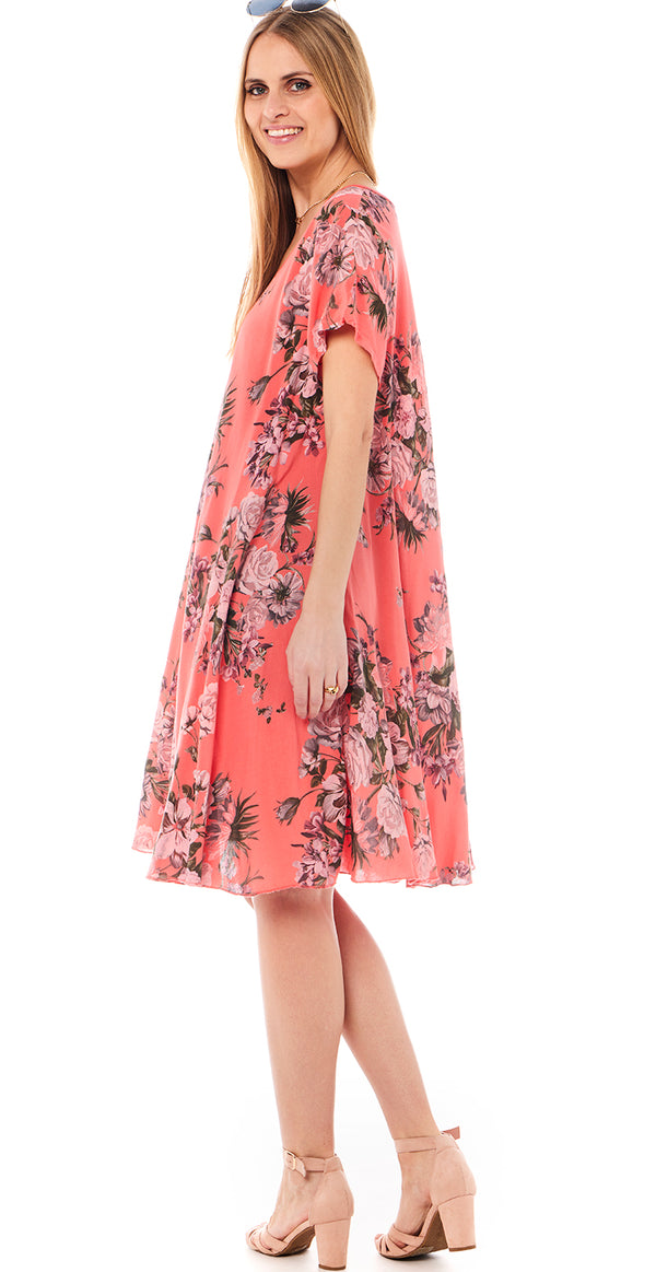 June A-formet kjole med blomsterprint koral LikeLondon