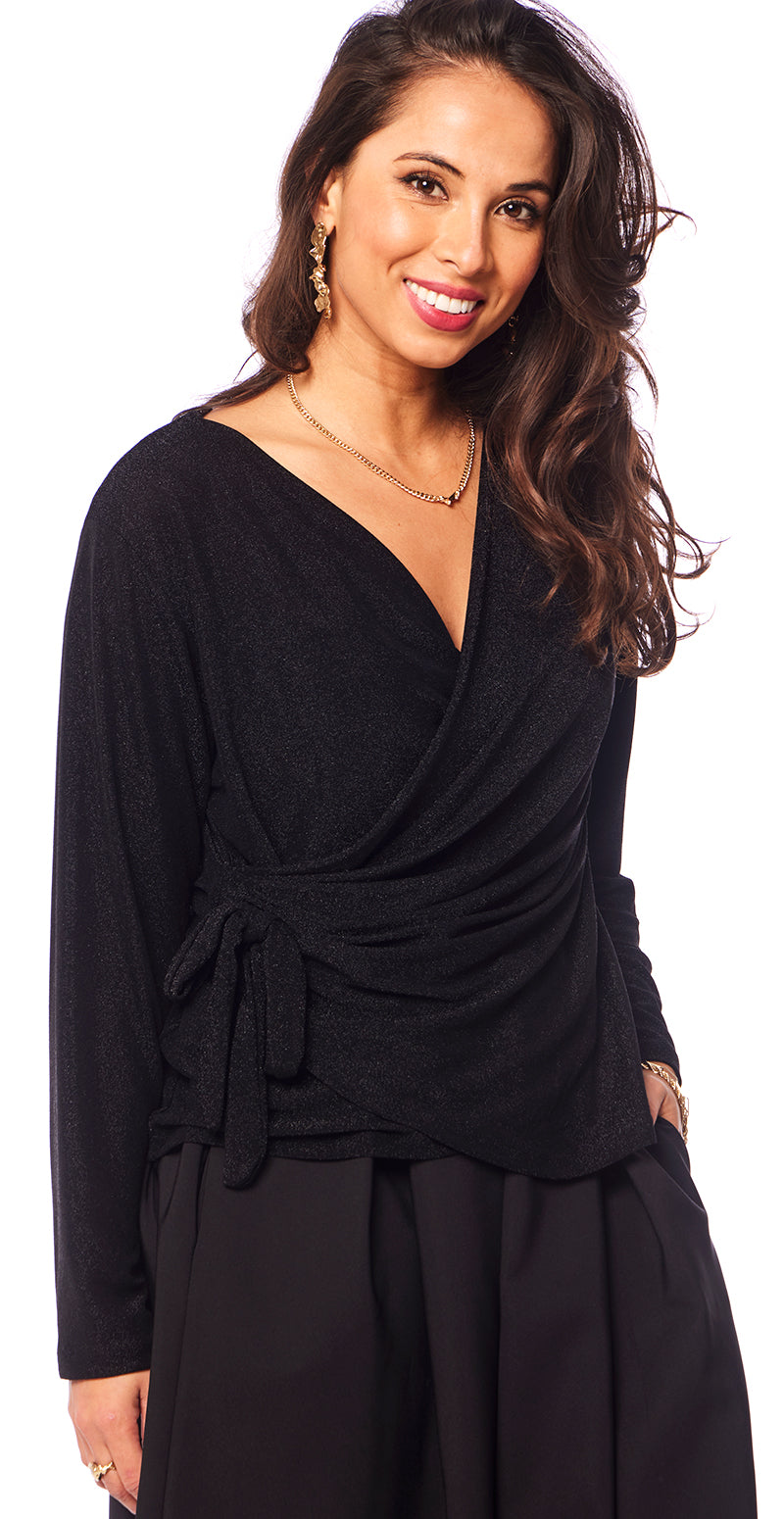 Nela glimmer bluse med wrap-effekt sort LikeLondon