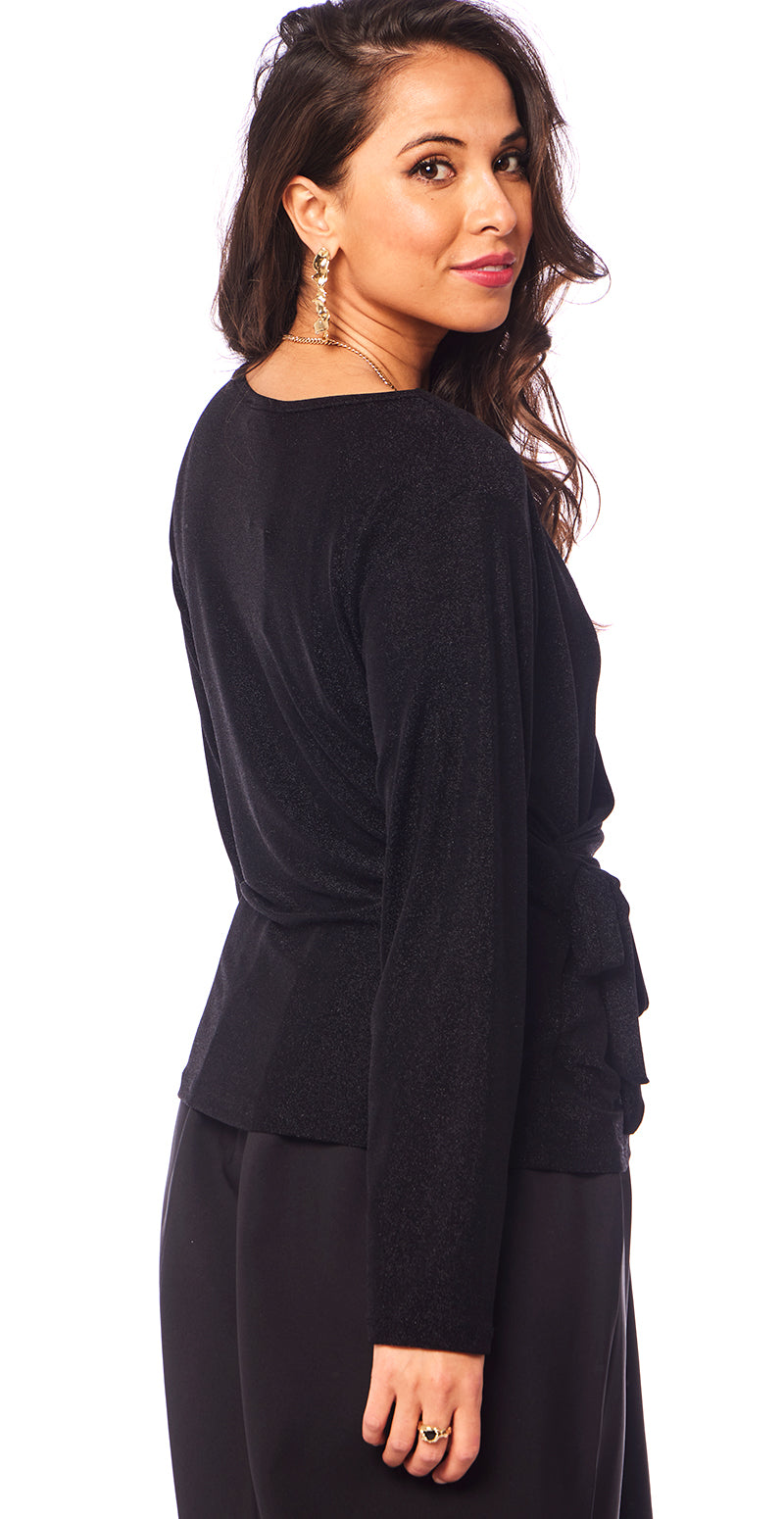 Nela glimmer bluse med wrap-effekt sort LikeLondon