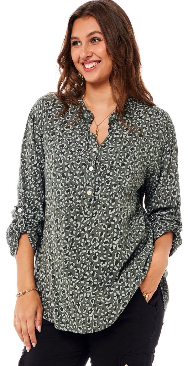 Bluse med leopard print khaki Likelondon