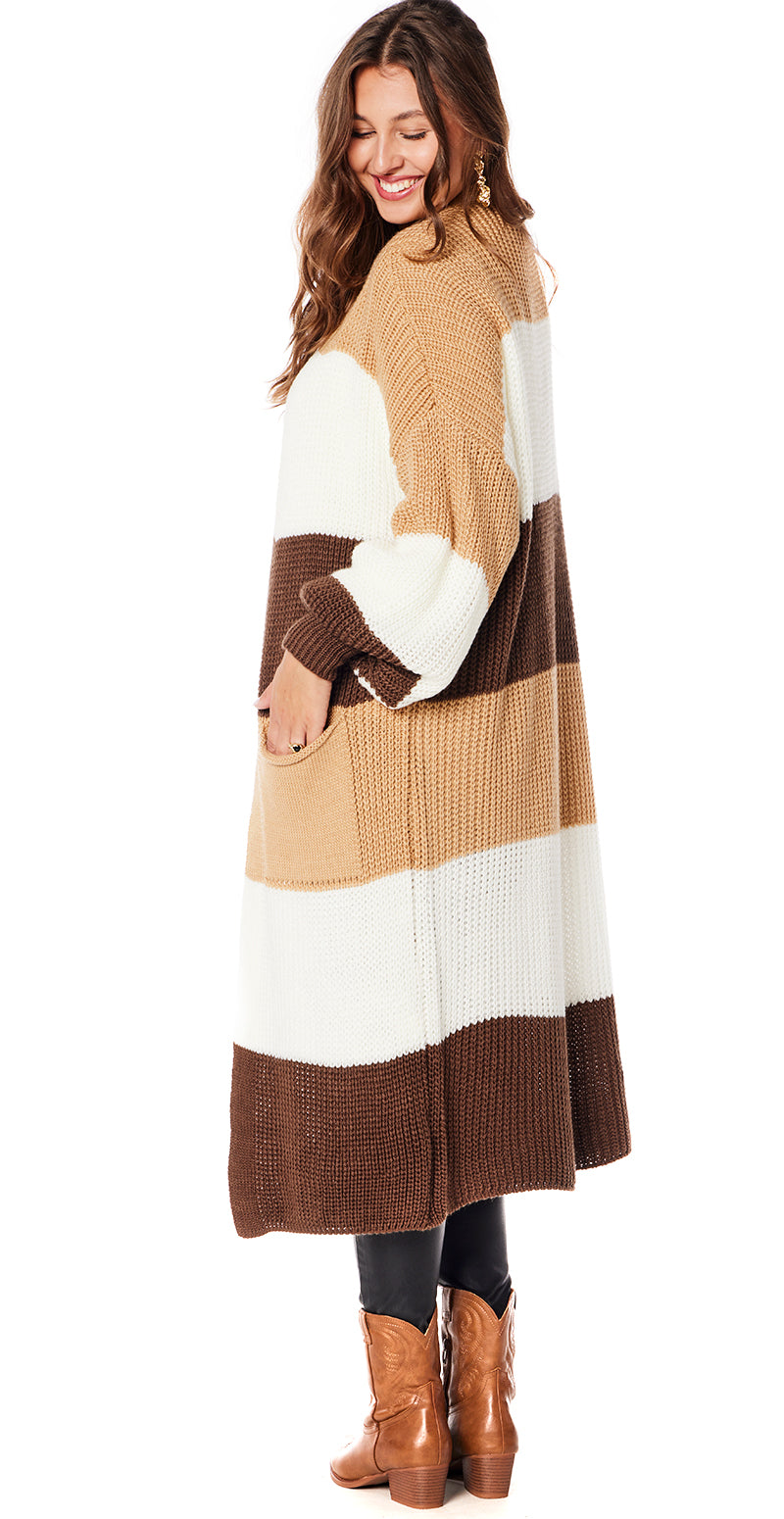 Stribet strikcardigan med lommer brun Likelondon