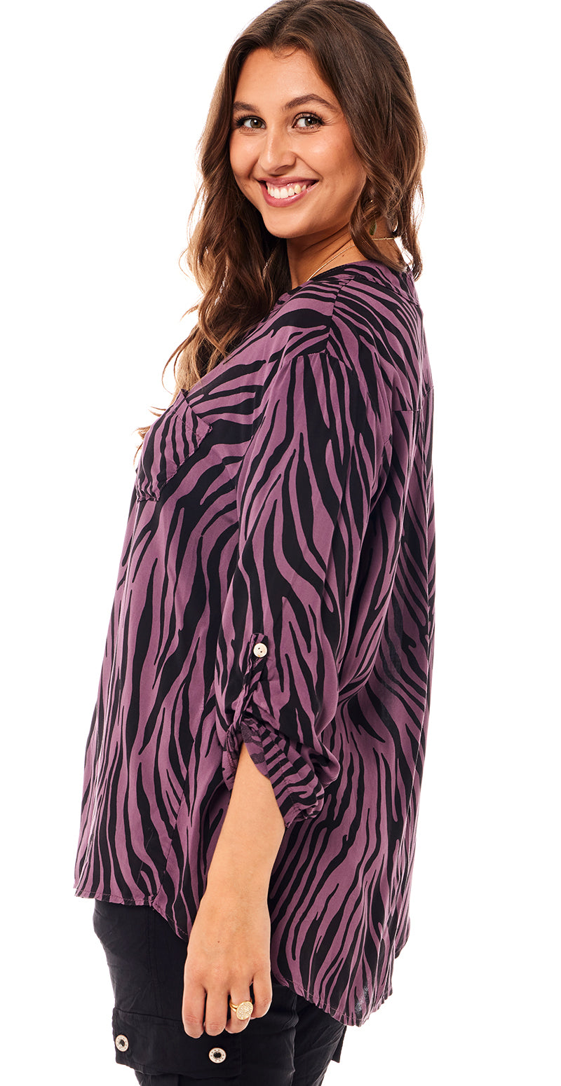 Bluse med zebraprint lilla Likelondon