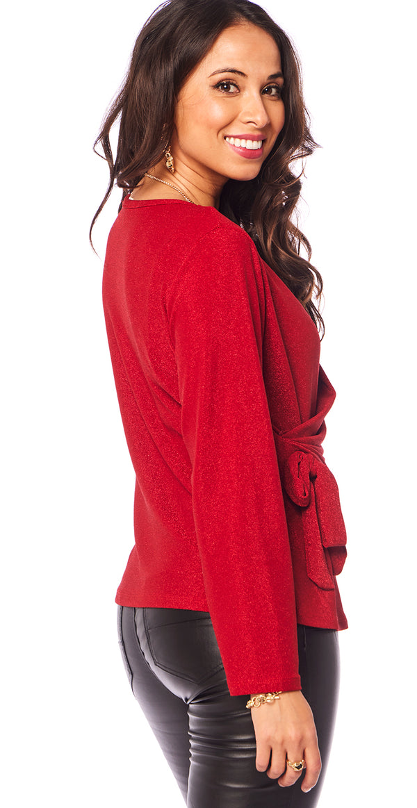 Forudbestil uge 50 Glimmer bluse med wrap-effekt rød Likelondon