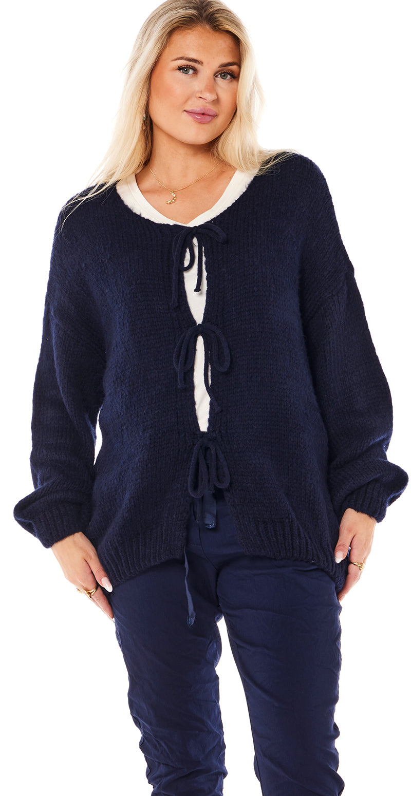 Lui strik cardigan med bindebånd navy Likelondon