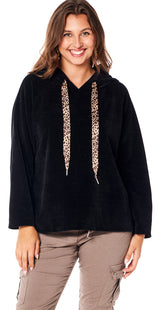 Hoodie i fløjl med leopardsnørre sort Likelondon