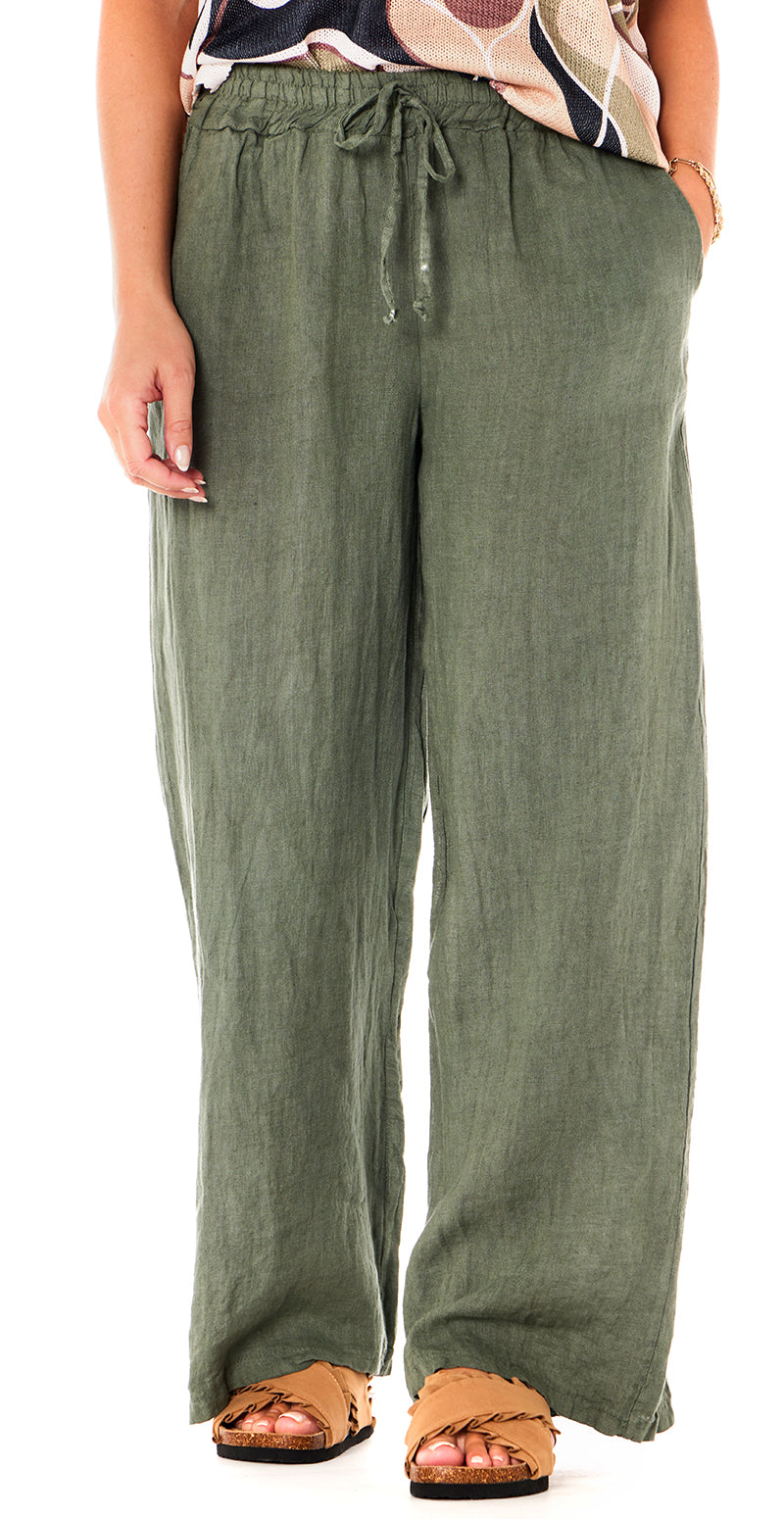 vision Forsøg involveret Hør bukser med lommer og elastik i taljen khaki Likelondon – LikeLondon.com