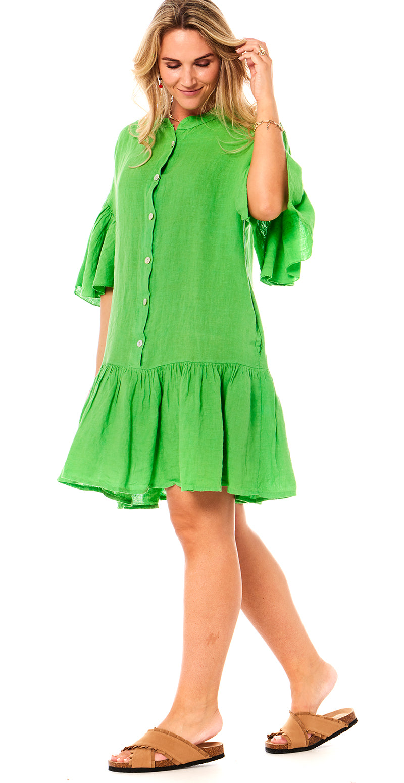 Hør kjole med peplum forneden grøn Likelondon