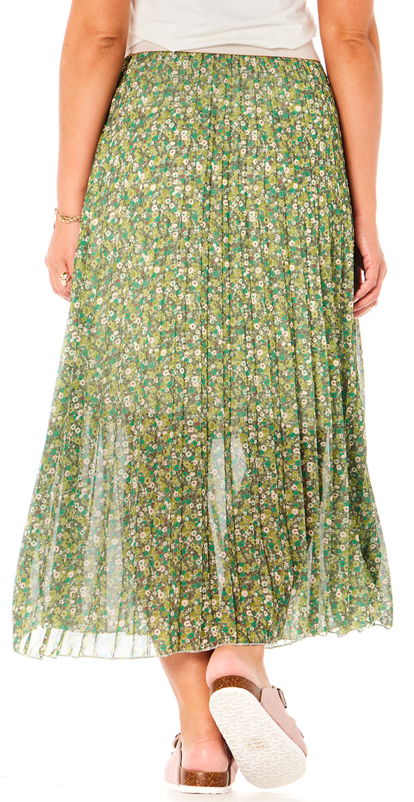Plisseret nederdel med blomster grøn Likelondon