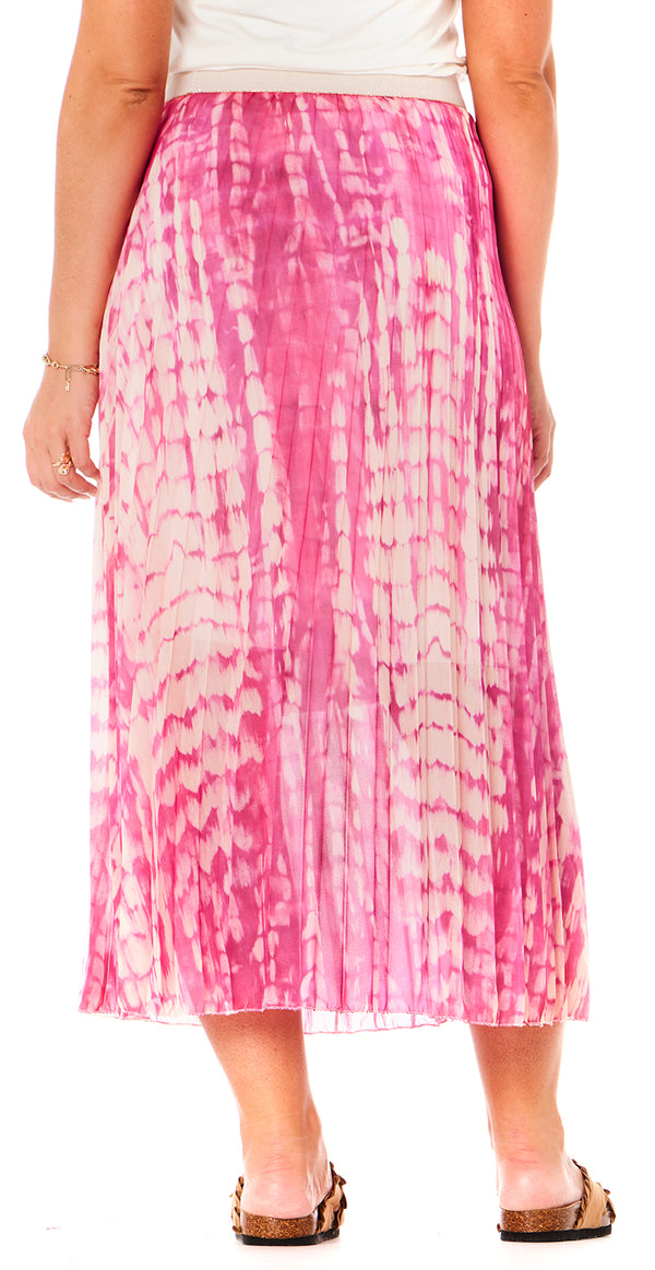 Plisseret nederdel med tie-dye mønster pink Likelondon